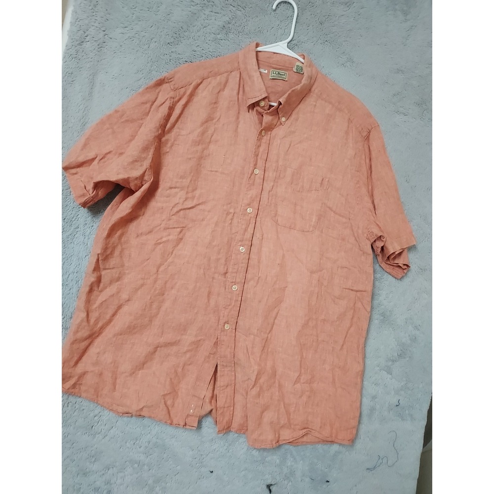 Vintage LL Bean Shirt Mens XL Short Sleeve Button Down 100% Linen Salmon Orange